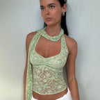 Ropa de mujer Verano Sexy Encaje Transparente Cinta Decorativa Chaleco Corto Cuello Halter Top