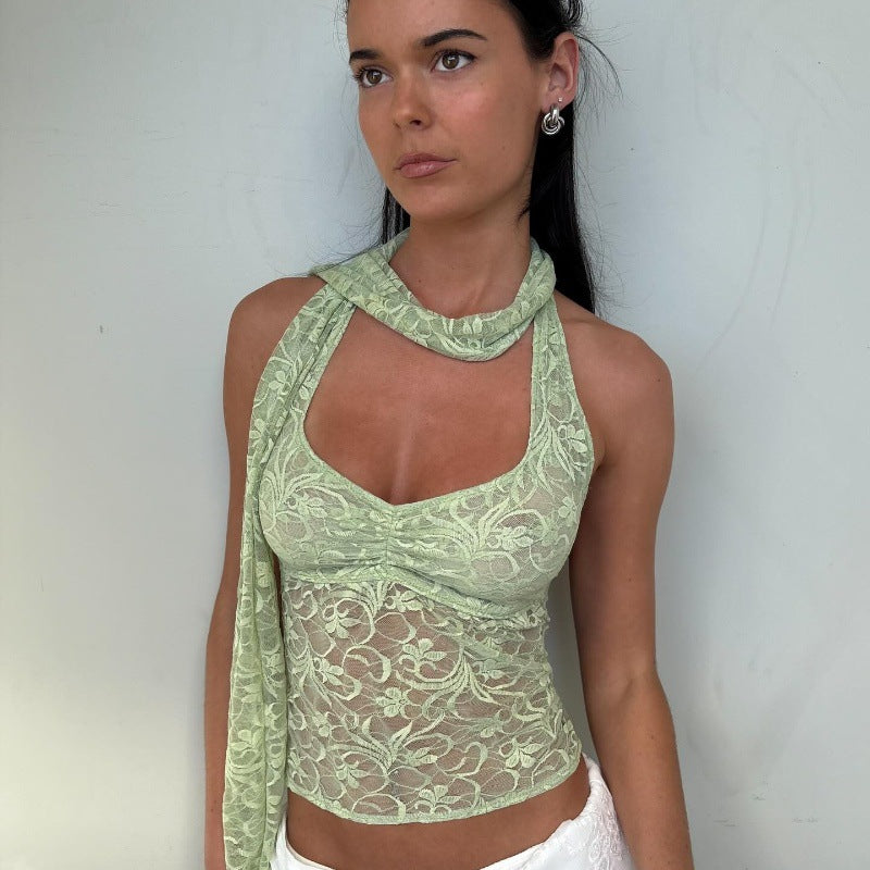 Women Clothing Summer Sexy Lace See through Decorative Ribbon Short Halterneck Vest Top