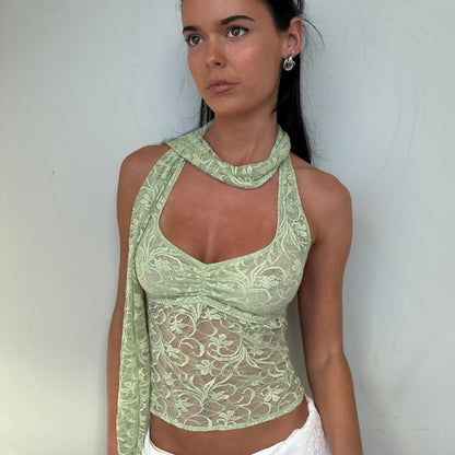 Women Clothing Summer Sexy Lace See through Decorative Ribbon Short Halterneck Vest Top