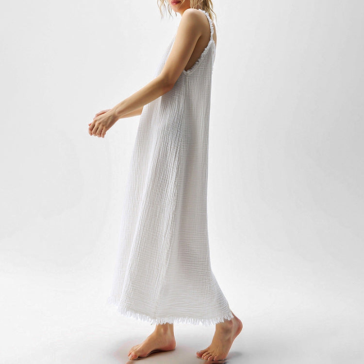 Women Clothing Fashionable Simple Casual Suspender Cotton Champray White V Collar Split Dress Kigali