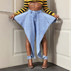 High Waist Irregular Asymmetric Summer Women Denim Shorts Wide Leg Ankle Banded Pants FentyWild