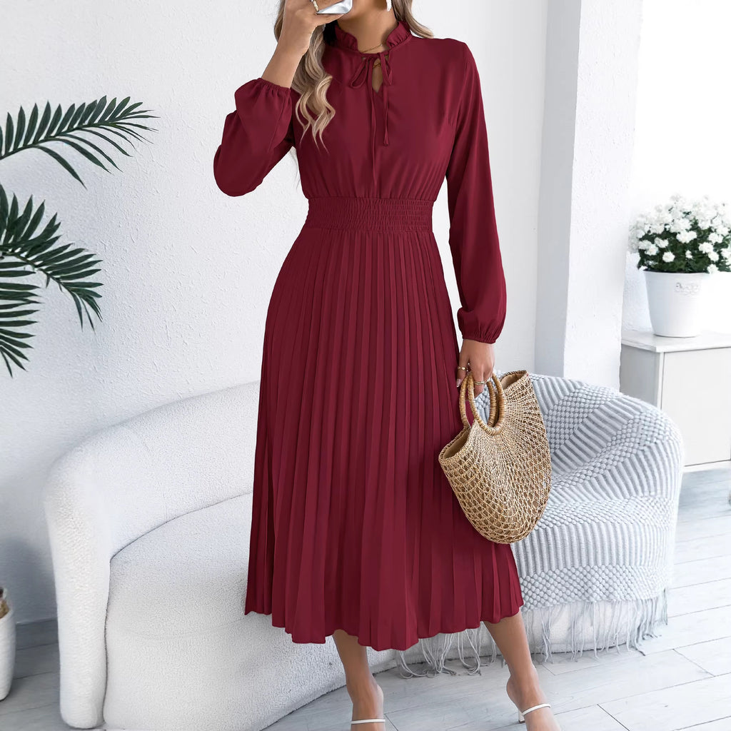 Women Clothing Spring Summer Elegant Lace up Lantern Sleeve Long Pleated Dress BAGIISA