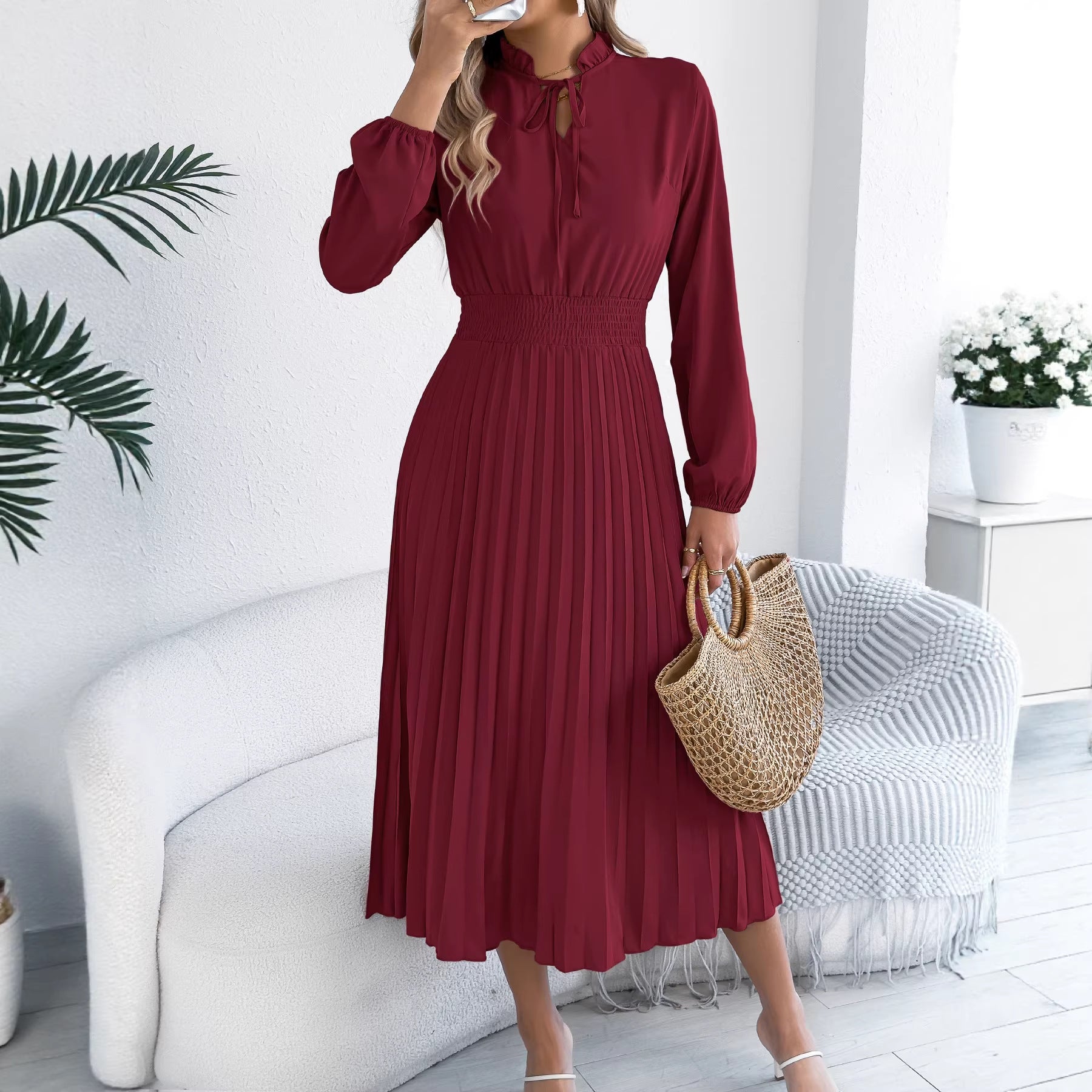 Women Clothing Spring Summer Elegant Lace up Lantern Sleeve Long Pleated Dress BAGIISA