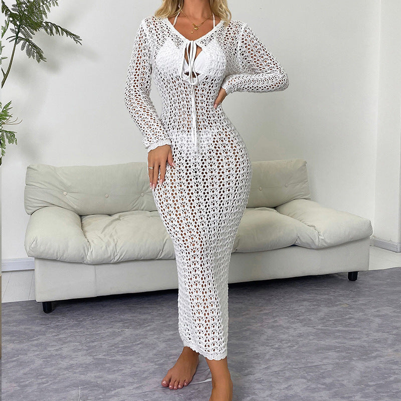 Beach Vacation Deep V Plunge Lace up Cutout Slim Fit Long Sleeve Dress Beach Sun Protection Blouse Dress Tidee
