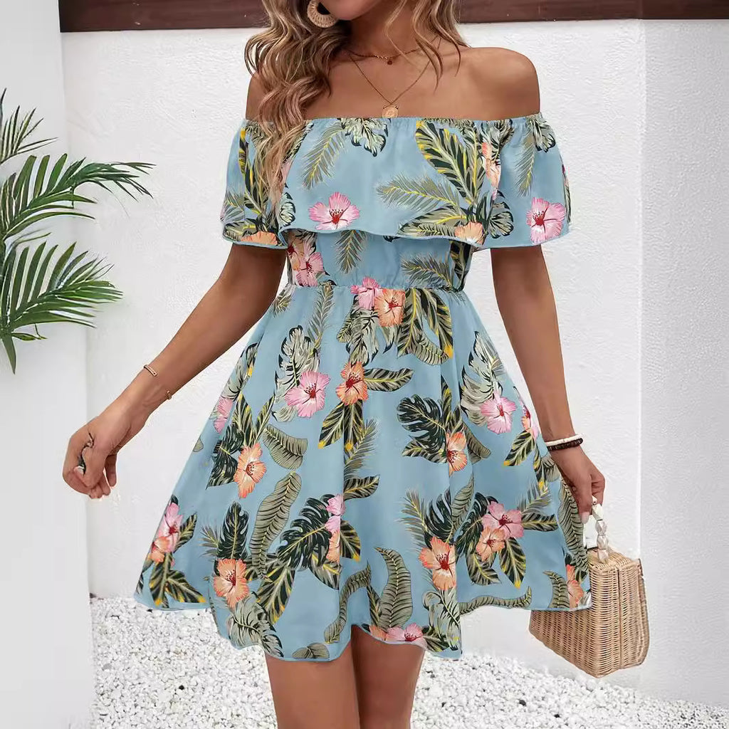 Summer Elegant Ladies Printed off the Shoulder Collar Ruffled Dress Vivish