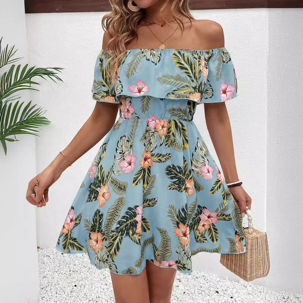 Summer Elegant Ladies Printed off the Shoulder Collar Ruffled Dress Vivish