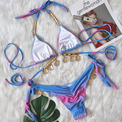 Traje de baño de lujo con cristales y diamantes para mujer, bañador sexy con estampado de degradado y vendaje dividido
