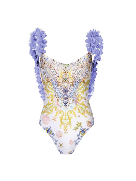 Printing Swimsuit Petals Cover Belly Backless Swimsuit