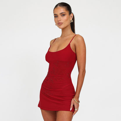 Rhinestone Sexy Suspenders Dress Backless Sleeveless Slim Fit Sexy Hip