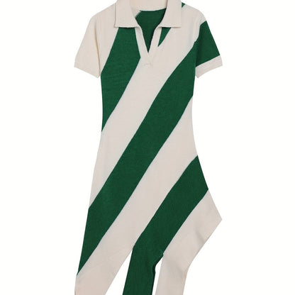 Slim Fit Knitted Dress Collared Polo Collar Tassel Striped Color Matching Personality Short Sleeve Dress
