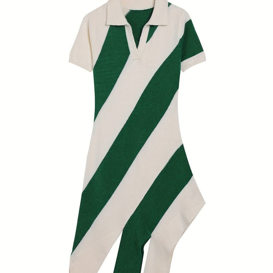 Slim Fit Knitted Dress Collared Polo Collar Tassel Striped Color Matching Personality Short Sleeve Dress