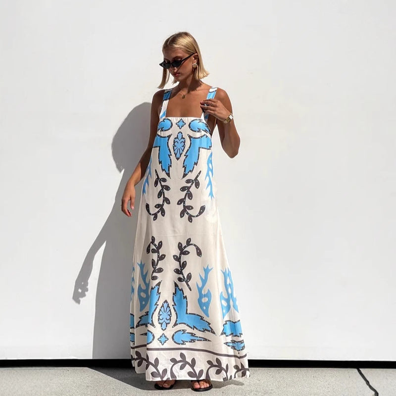 Summer Sexy Spaghetti-Strap Floral Print Dress Casual Loose Vacation Dress Zemy