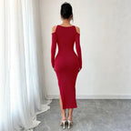 Cross Border Off Shoulder Dress Slimming Slit Bodycon Long Sleeve Formal Mid Length Dress For Banquets Yiskiss