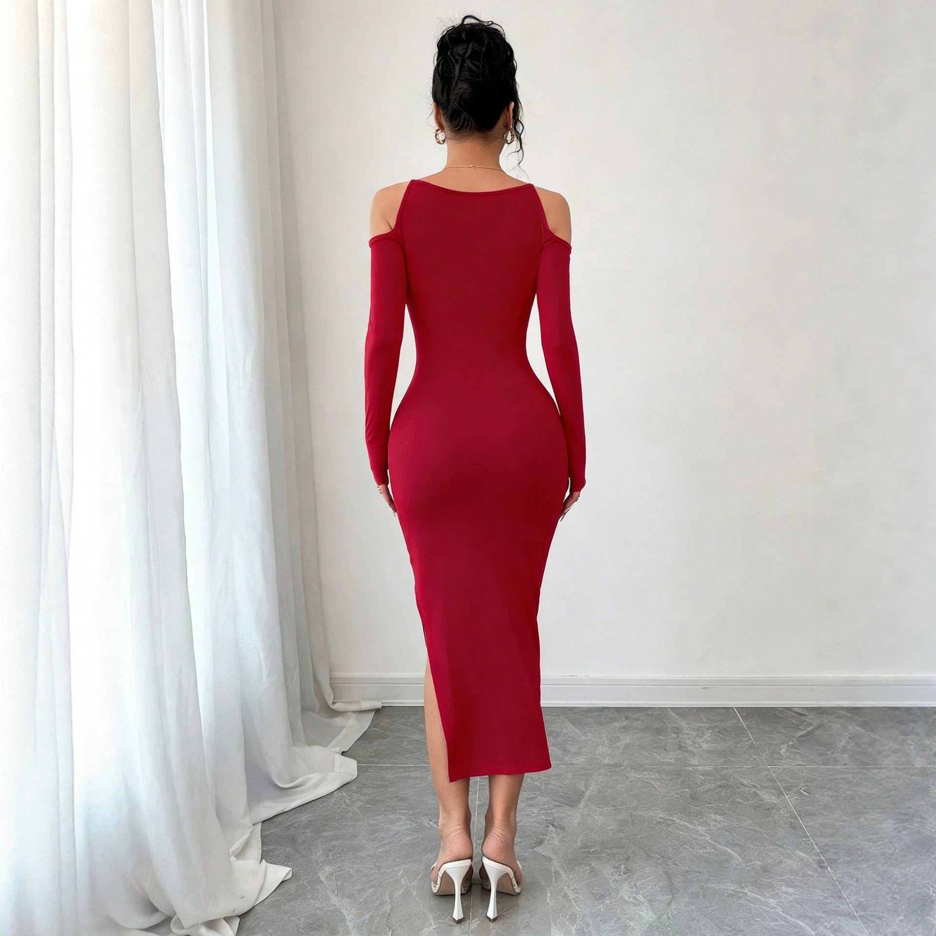 Cross Border Off Shoulder Dress Slimming Slit Bodycon Long Sleeve Formal Mid Length Dress For Banquets Yiskiss