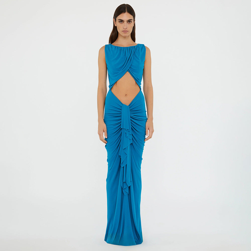 Vestido azul elegante con costuras sexys, corte ahuecado, cintura alta, ajustado, para mujer