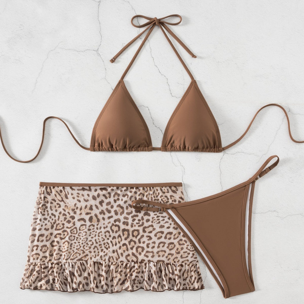 Red Wind Sexy Leopard Print Swimsuit Women Small Chest Banded Bikini Split Three Piece Set Vacation Swimwear Twingo