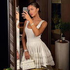 Spring Summer Slim Vest Knitted Dress Women Hollow Out Cutout-out Cinched Sleeveless Puff Short Women Havana