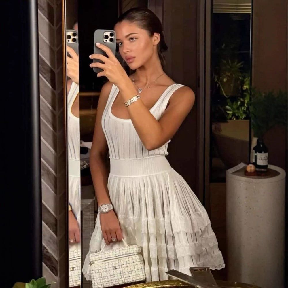 Spring Summer Slim Vest Knitted Dress Women Hollow Out Cutout-out Cinched Sleeveless Puff Short Women Havana