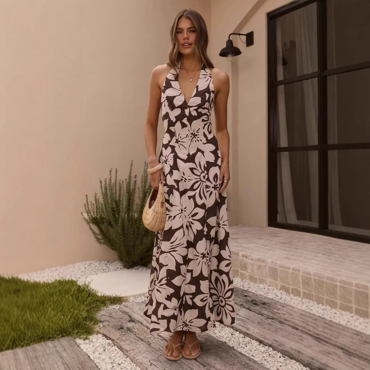 Dress Printed V neck Halter Shoulder Sexy Slim Dress Women Zemy