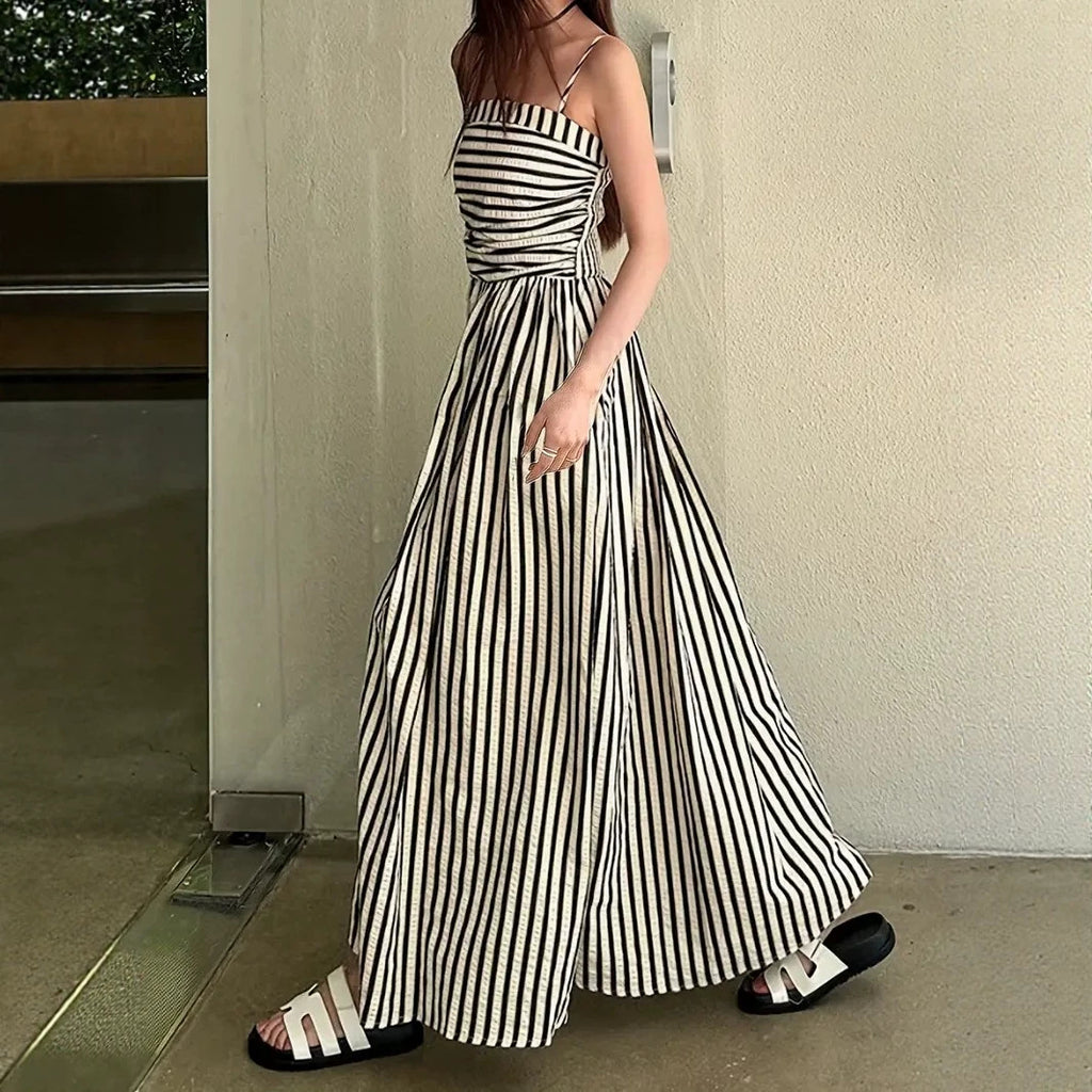 Waist Controlled Slim Fit Slimming Pleated Large Swing Vacation Maxi Dress Korean Black White Striped Tube Top Cami Dress EverBillion