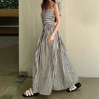 Waist Controlled Slim Fit Slimming Pleated Large Swing Vacation Maxi Dress Korean Black White Striped Tube Top Cami Dress EverBillion