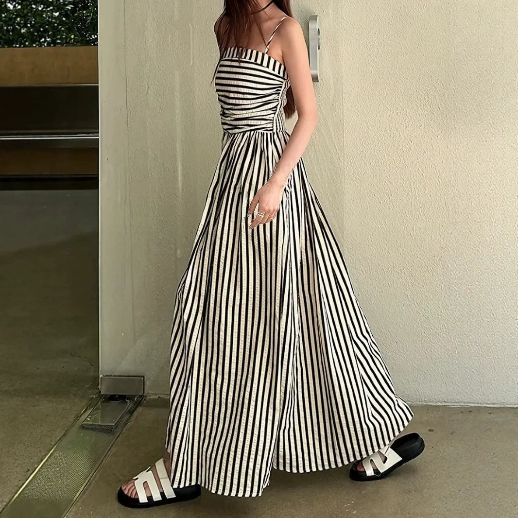 Waist Controlled Slim Fit Slimming Pleated Large Swing Vacation Maxi Dress Korean Black White Striped Tube Top Cami Dress EverBillion