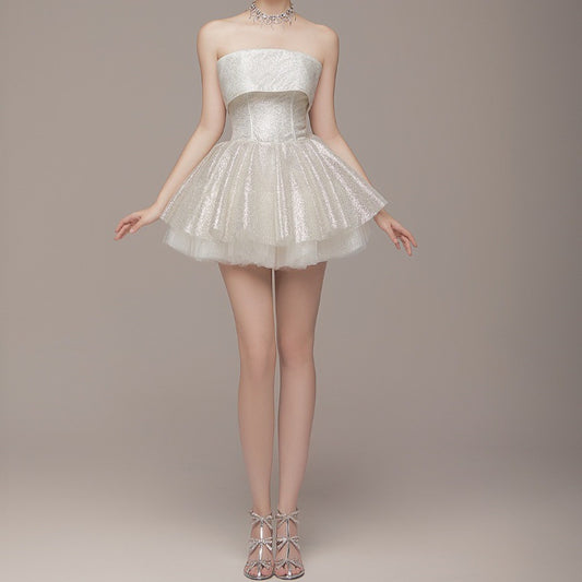 Women Clothing Spring Sexy Elegant Lady off Shoulder Tube Top Short Type Dress Women