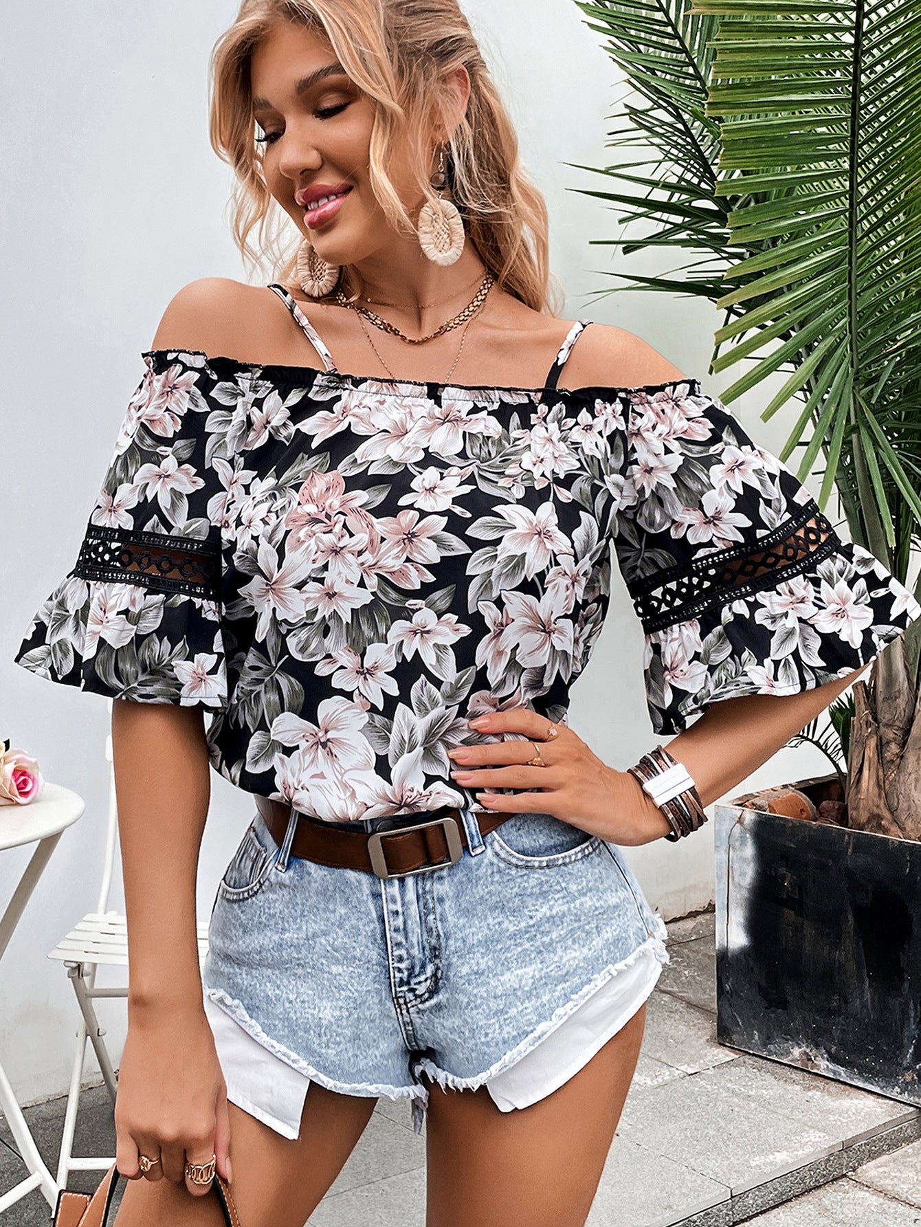 Camisa estampada con cuello abierto para mujer, informal, para oficina