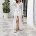 Solid Color Sexy See through Lace up Beach Cover up Bikini Swimsuit Cardigan Women Mangar