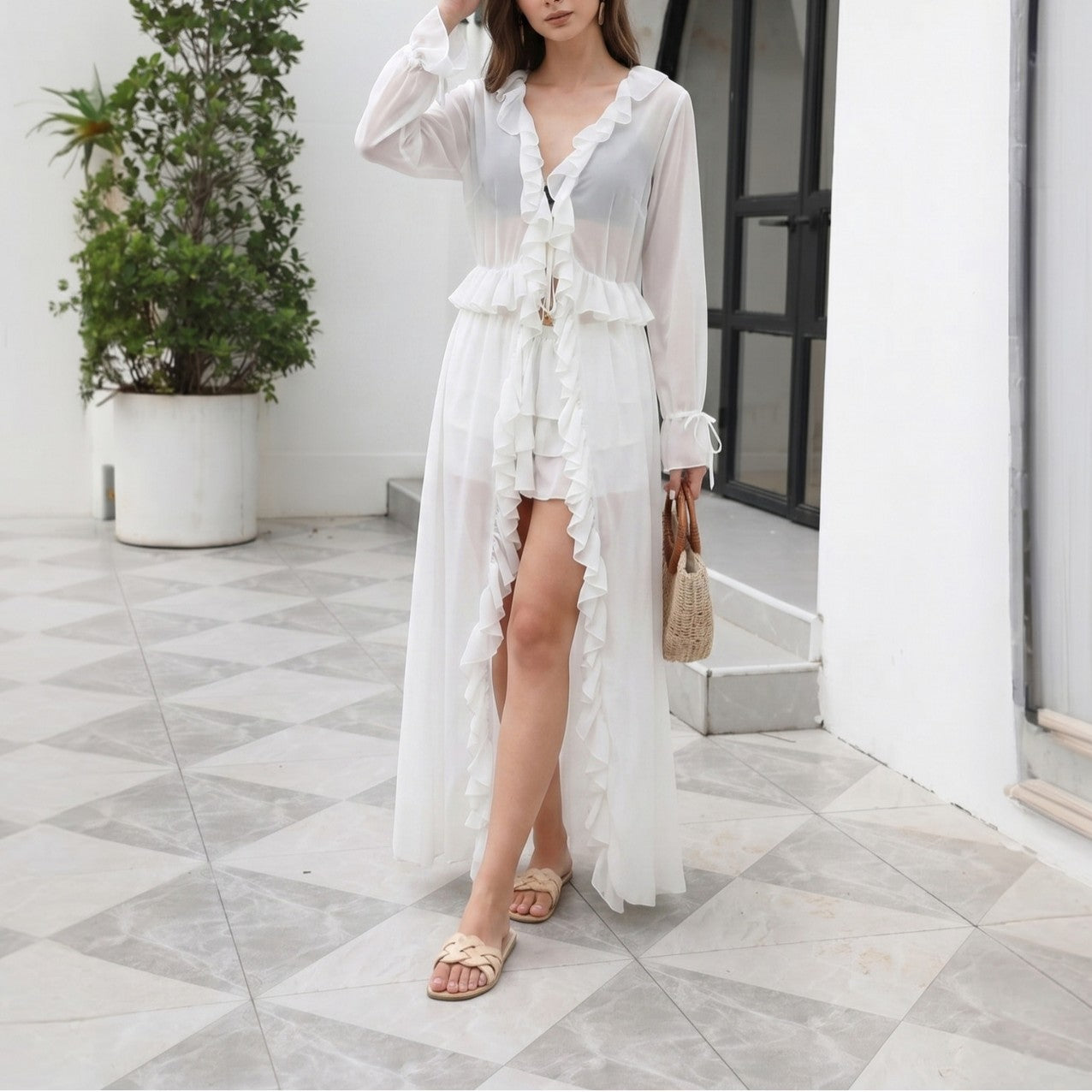 Solid Color Sexy See through Lace up Beach Cover up Bikini Swimsuit Cardigan Women Mangar
