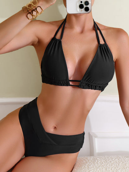 Bikini de color sólido con espalda descubierta y lazo, traje de baño sexy dividido