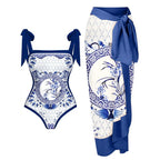 Traje de baño de dos piezas con falda de gasa y estampado multicolor para mujer, antiexposición y protección solar.