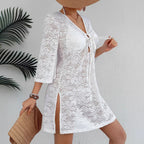 Women Sexy V neck Knitted Loose Beach Sun Protection Seaside Holiday Casual Blouse Dress Oyimi