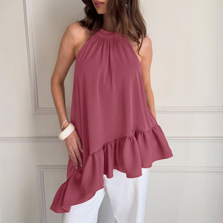 Summer Loose Slimming Irregular Asymmetric Design Halter Sleeveless Vest Women Chiffon Shirt Top FOREVEREIGHTEEN