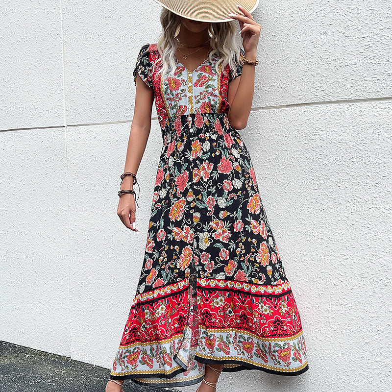 Women Summer Ethnic Holiday Dress V neck Tight Waist Petal Sleeve Mid Length Split Dress Jeme