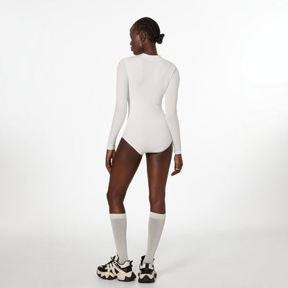White Long Sleeved Swimsuit One Piece Swimsuit Women Solid Color Spring