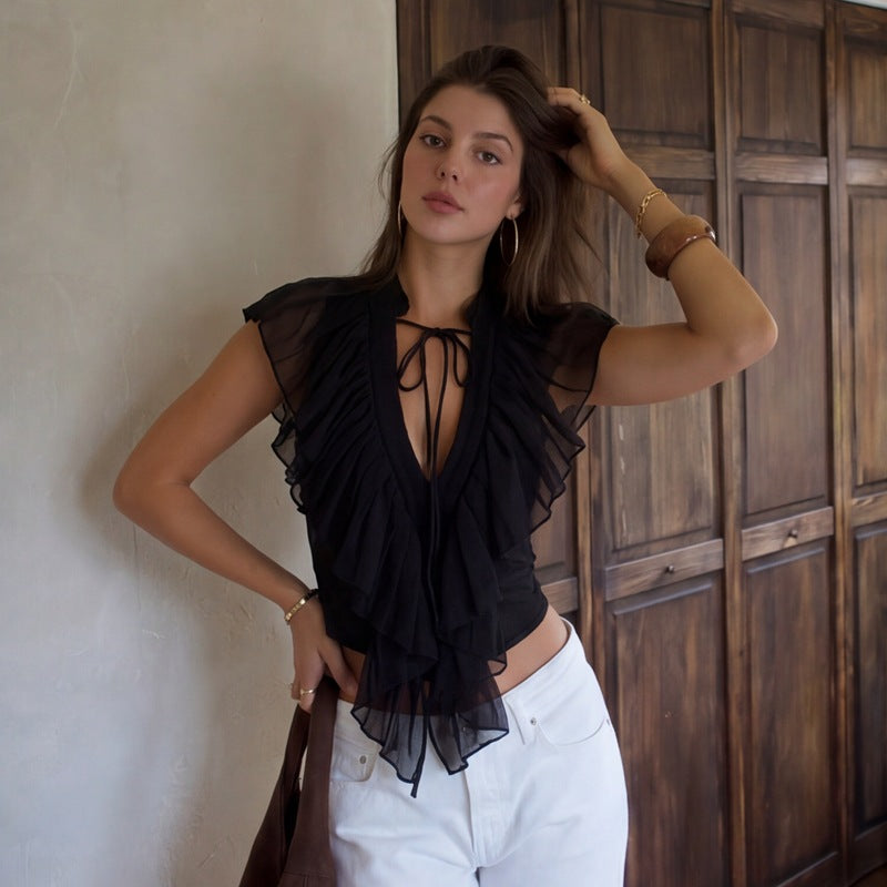 Women Clothing Summer Sexy Deep V Plunge neck Flounce Stitching Strap Sleeveless T shirt Top Flash Vision