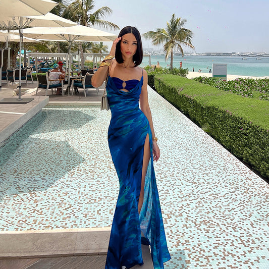 Sexy Print Swing Collar Split Sling Dress Summer Women Clothing