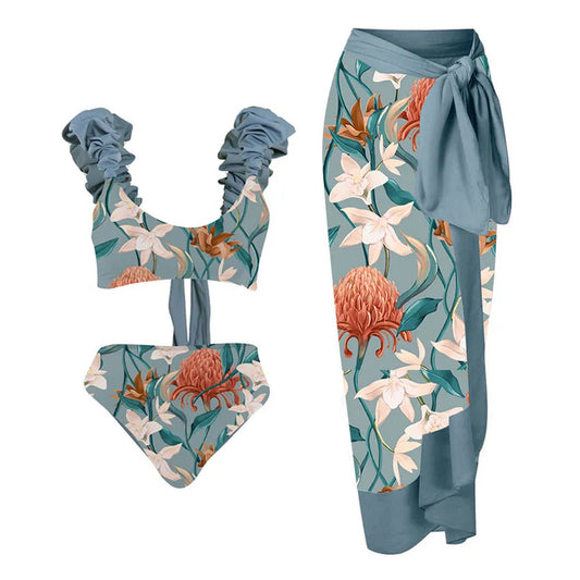 Traje de baño dividido popular para mujer, traje de baño retro, bikini de malla, conjunto de falda de playa