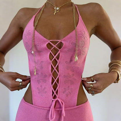 Women Clothing Spring Summer Knitted Sexy Cutout Solid Color Halter Lace up Backless Siamese Shorts Women