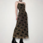French Retro Elegant Adult Lady Woman Floral Print Maxi Dress Mesh Wooden Ear Off Neck Slim Strap Long One Step Dress Norwich