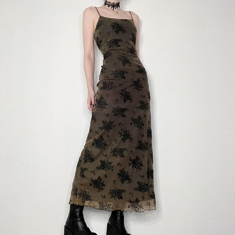 French Retro Elegant Adult Lady Woman Floral Print Maxi Dress Mesh Wooden Ear Off Neck Slim Strap Long One Step Dress Norwich