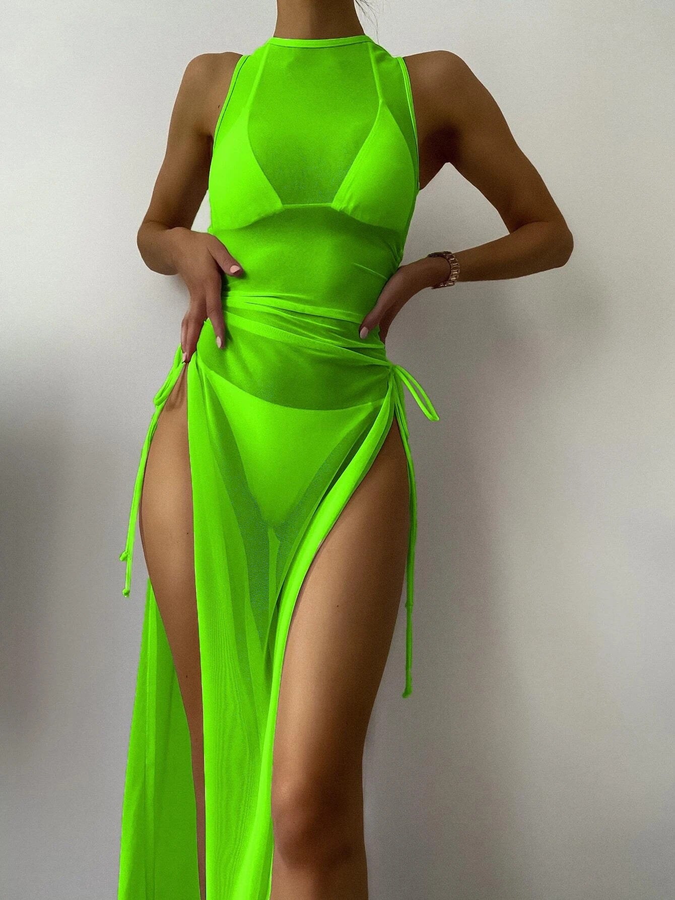 Traje de baño de malla para mujer, traje de tres piezas