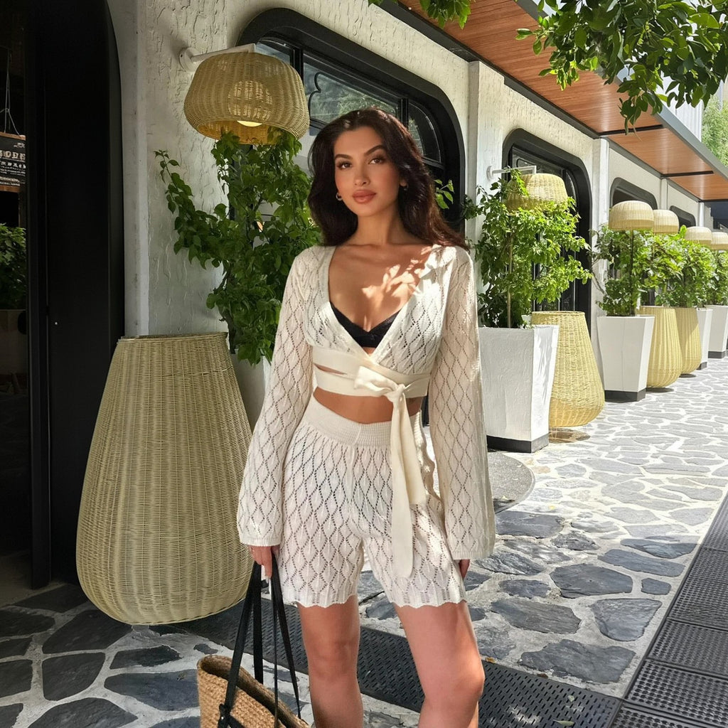 Women Solid Color Sexy Waist Beach Bikini Swimsuit Blouse Sun Proof Set Mangar