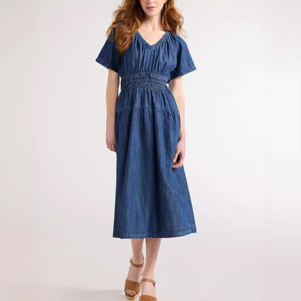 Summer Popular V neck Pleated Waist Tight Slimming Dress Dress HangSeng