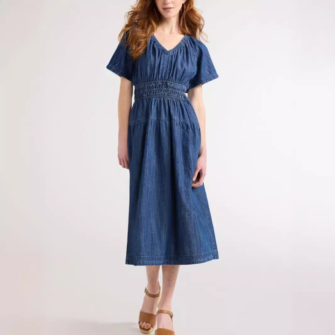 Summer Popular V neck Pleated Waist Tight Slimming Dress Dress HangSeng