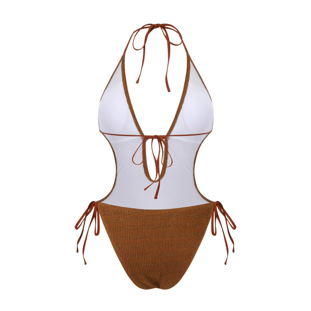 Bikini Sexy Deep V Plunge Lace up Halterneck Backless Siamese Women Swimsuit Peaches