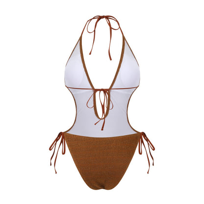 Bikini Sexy Deep V Plunge Lace up Halterneck Backless Siamese Women Swimsuit Peaches