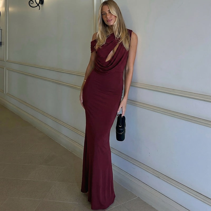 French Hollow Out Cutout Sheath Sleeveless Elegant Sexy Dress Summer Slim Solid Color Maxi Dress BULLINGER