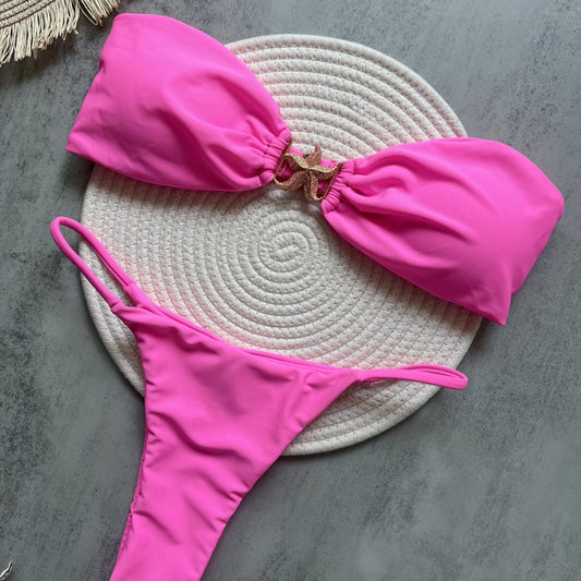 Bikini de tejido de nailon con accesorios de estrella de cinco puntas, color liso, sexy, sin espalda, dividido, bikini